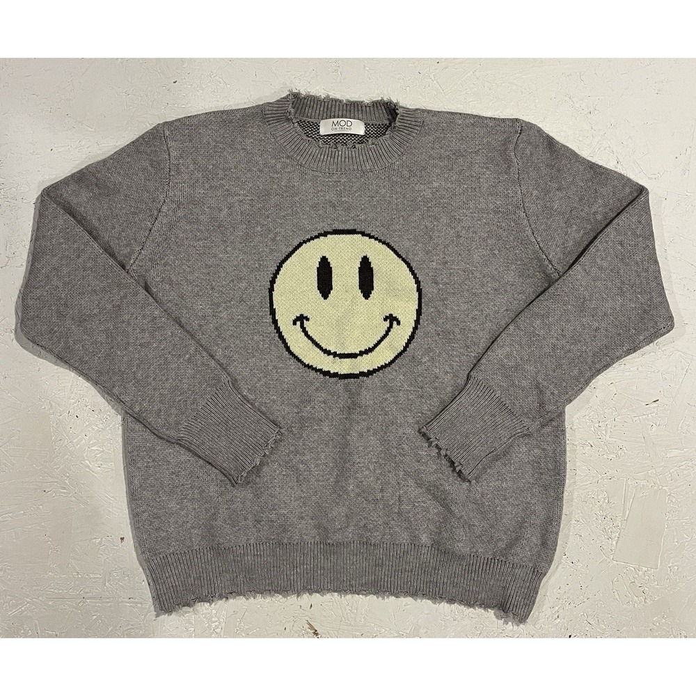 Smiley Face Super Soft Women's XL Happy Cozy Sweater Graphic Knit Smile 90s Gray